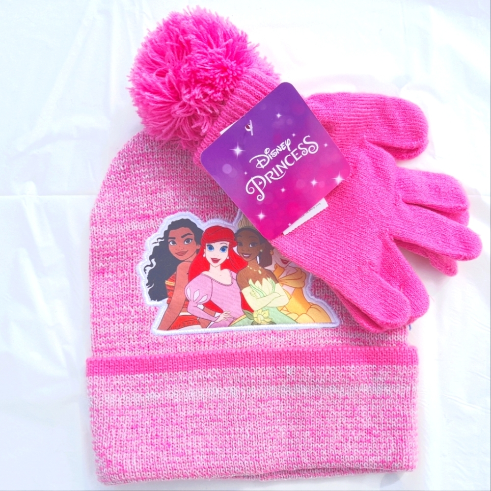 Disney Girl's Princess Pink Beanie With A Puff And Gloves